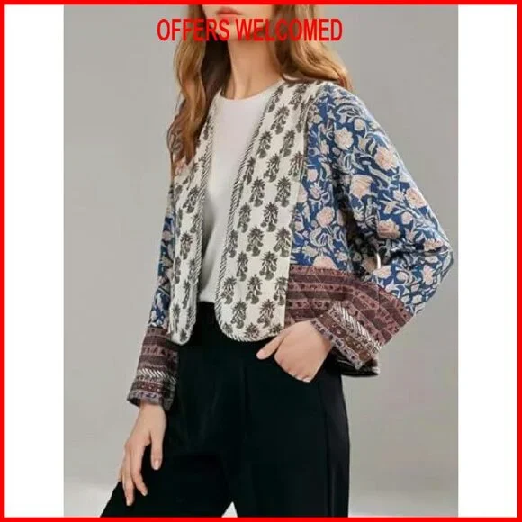 Cropped Puffer Jacket Cardigan Lightweight Quilted Open Front